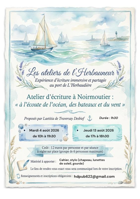 4 août 2026 - Atelier d'écriture à l'Herbaudière avec Laetitia de Traversay Desbief