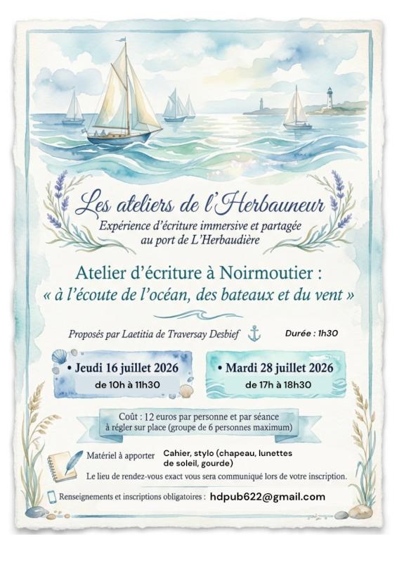 28 juillet 2026 - Atelier d'écriture à l'Herbaudière avec Laetitia de Traversay Desbief