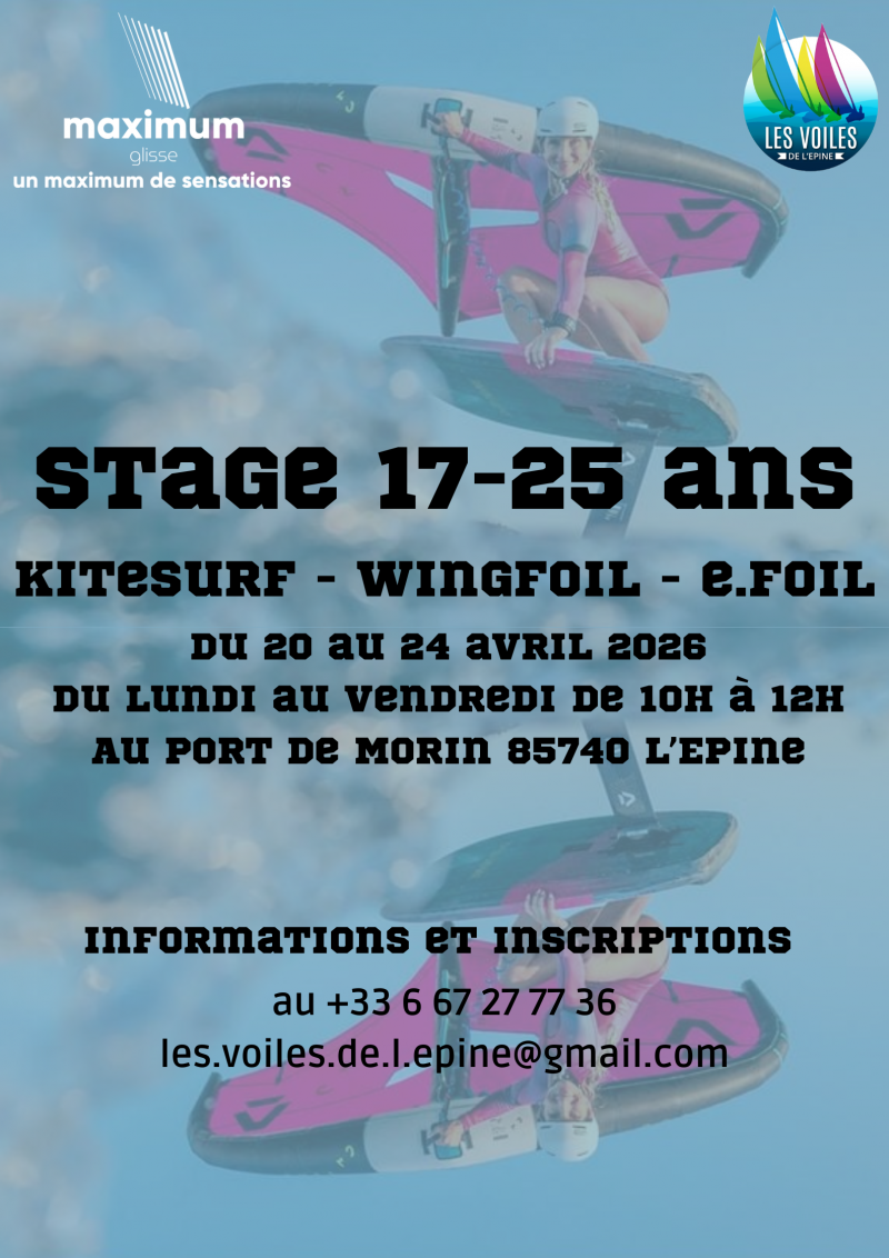 Du 20 au 24 avril 2026 - Stage pour les 17 à 25 ans de kitesurf, wingfoil et e-foil
